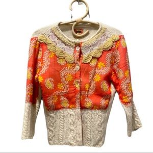 Free People Wool Mixed Panel Cardigan Sweater 3/4 Sleeve Floral Paisley Crochet